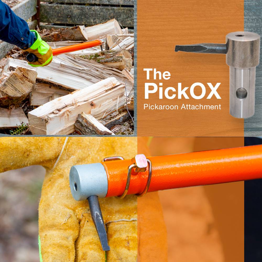 Close-up of an orange steel PickOX Pickaroon attachment being held by a gloved hand and used to lift and haul logs, part of a handcrafted wood cutting and hauling set made in USA.