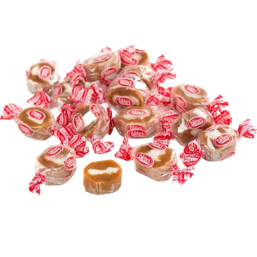 Individually wrapped creamy caramel sweets with a soft white center, handmade in the USA, perfect for Kitchen & Food, Snacks and Sweets, and Best Sellers collections.