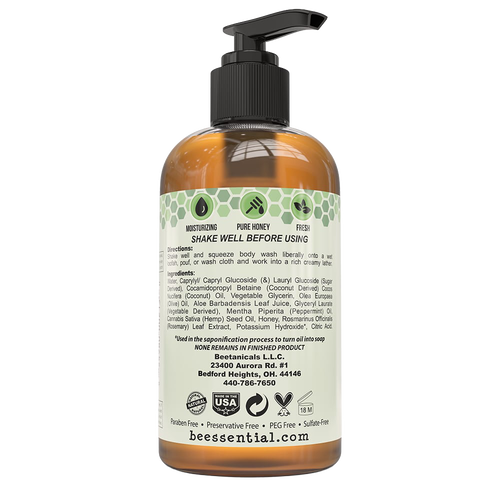 Amber pump bottle of natural body wash with bee and honeycomb icons, detailed ingredients list, usage instructions, and USA made label; featured in Health & Wellness and Soaps collections.