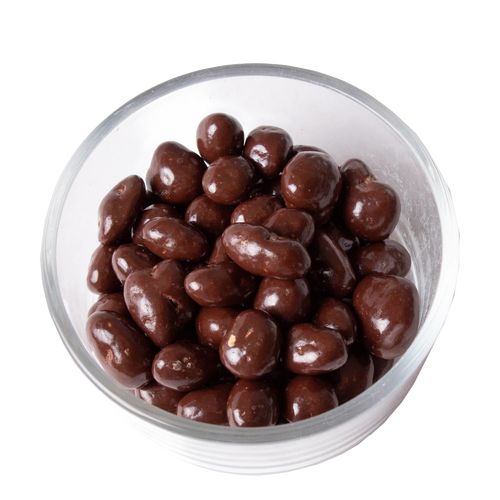 Clear glass bowl filled with glossy, handcrafted chocolate covered raisins made in USA, perfect for Kitchen & Food, Snacks and Sweets, Candy, Best Sellers, and Promo Eligible collections.