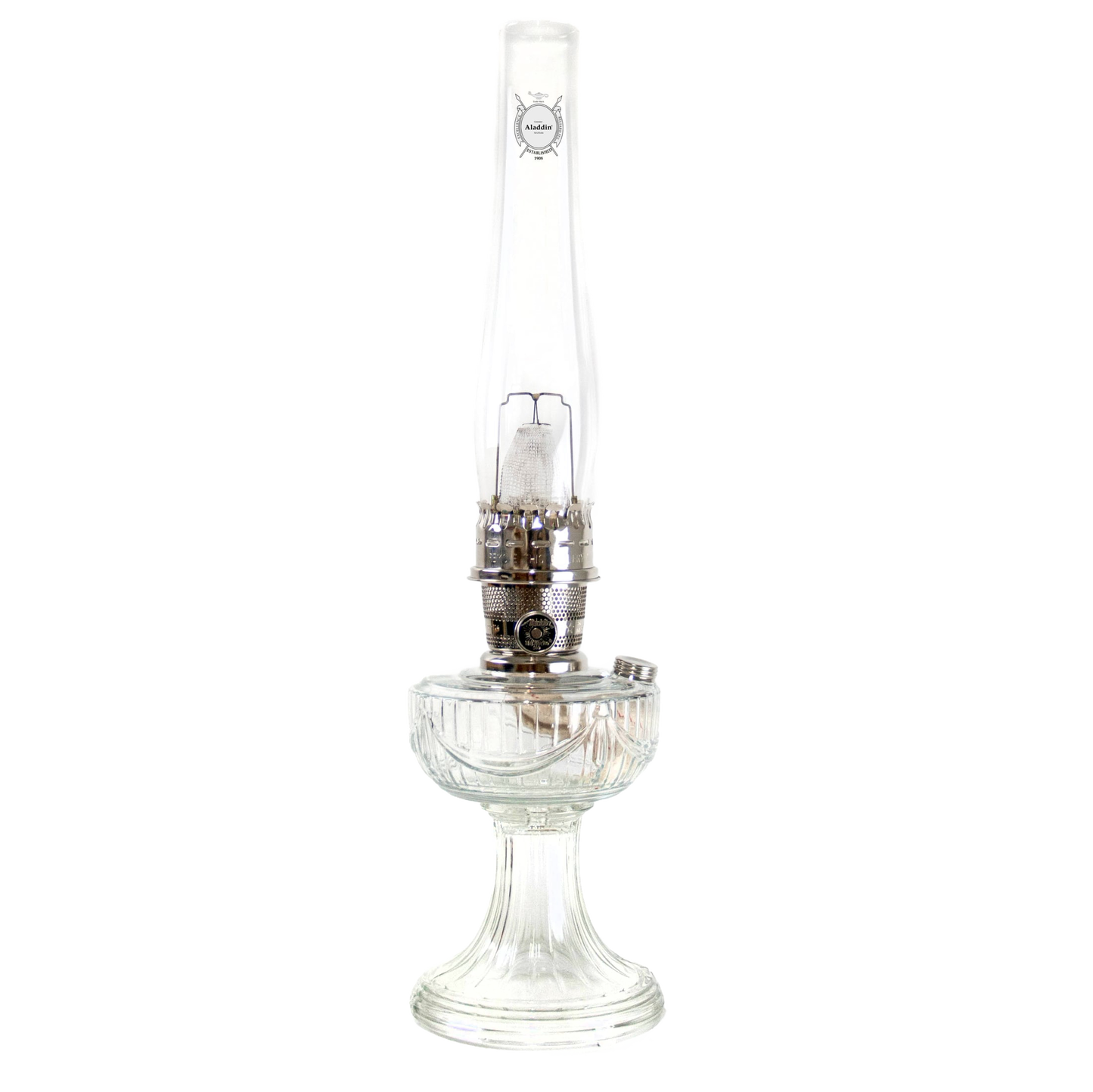 Unique handcrafted clear glass oil lamp with polished brass burner and tall chimney featuring Lincoln Drape pattern, made in USA, part of Lamps & Lighting, Oil Lamps, Table Lamps, Best Sellers, Promo Eligible collections.