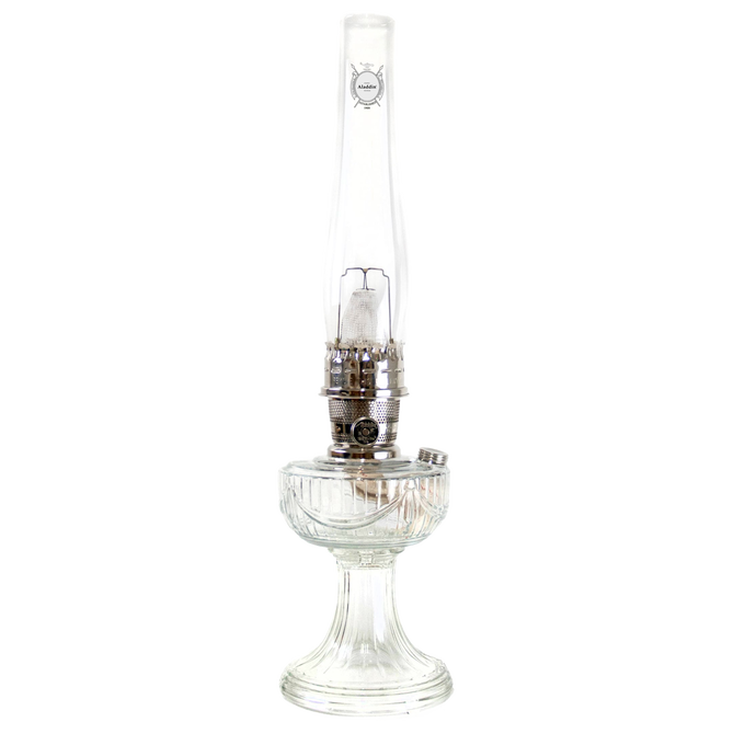 Unique handcrafted clear glass oil lamp with polished brass burner and tall chimney featuring Lincoln Drape pattern, made in USA, part of Lamps & Lighting, Oil Lamps, Table Lamps, Best Sellers, Promo Eligible collections.