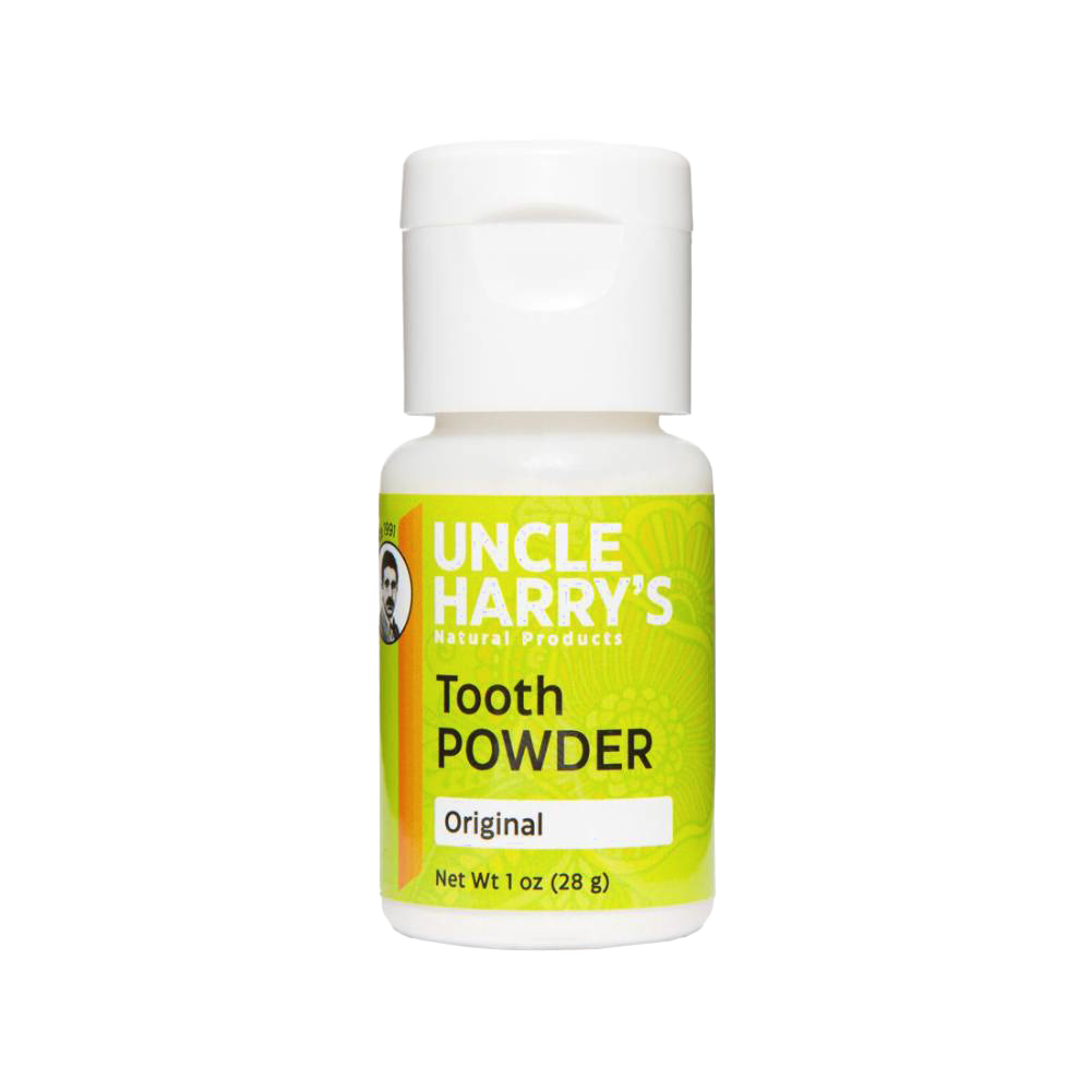 Small white plastic bottle of handcrafted tooth powder with bright green label highlighting natural ingredients for strong teeth and gums, featured in Health & Wellness, Health Remedies, Grooming and Personal Hygiene, USA Made, Best Sellers, and Promo Eligible collections.