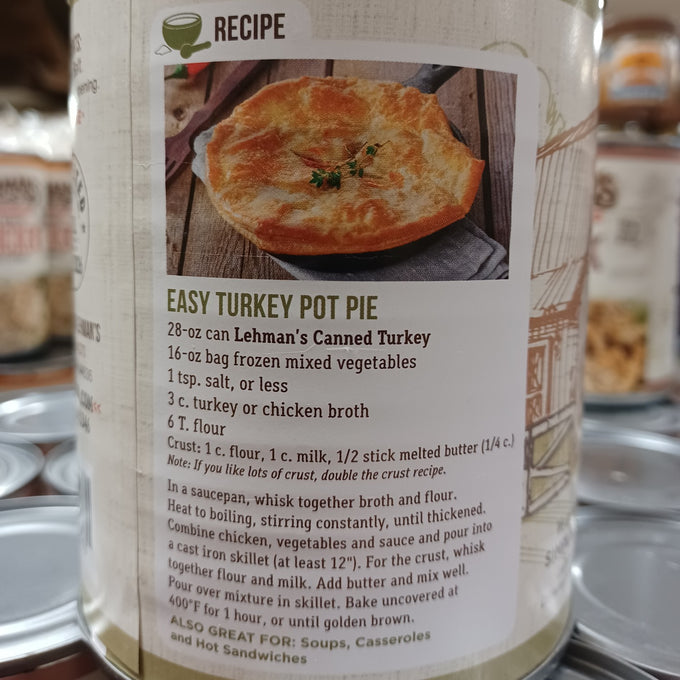 Close-up of recipe instructions for an easy homemade turkey pot pie featuring canned turkey, frozen vegetables, and a golden flaky crust, perfect for Farm, Garden & Tool, Kitchen & Food, Emergency Supplies, Food, Meats, Best Sellers, and Promo Eligible collections.