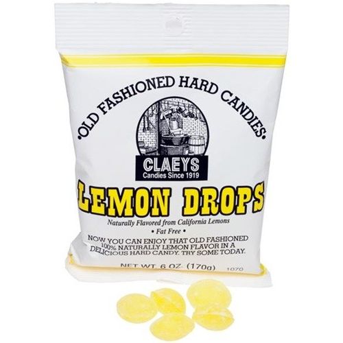 White bag of handcrafted lemon drop hard candy with yellow accents and classic label design, highlighting natural lemon flavor, part of Kitchen & Food, Snacks and Sweets, USA Made, and Best Sellers collections.