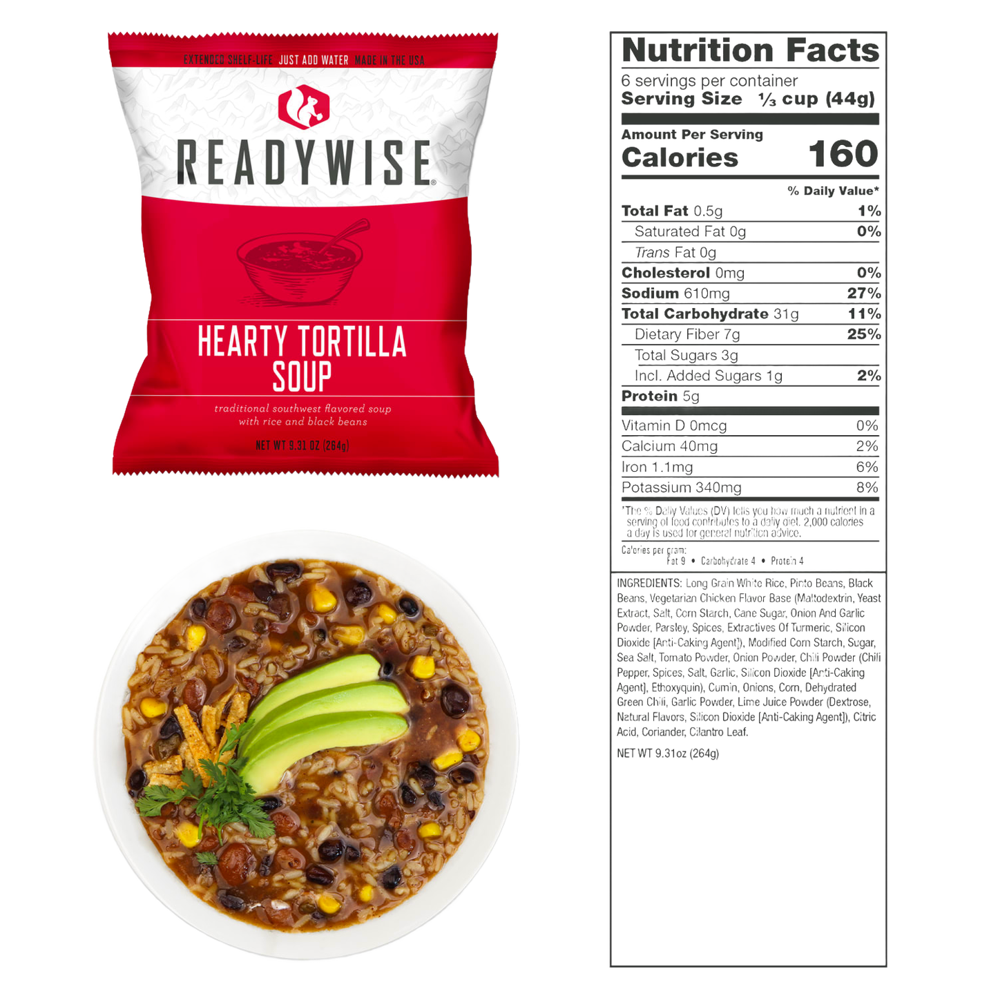 Packet of hearty tortilla soup with rice and black beans, alongside a bowl of prepared soup garnished with avocado slices and cilantro, and a detailed nutrition facts label, featured in Emergency Supplies, USA Made, Farm, Garden & Tool collections.