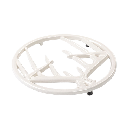 Round enamel trivet with antler-inspired design in off-white, featuring a chip-resistant finish, rubber feet for stability, and built-in hanger, ideal for Kitchen & Food, Dinnerware, Storage and Serving, Best Sellers, and Promo Eligible collections.