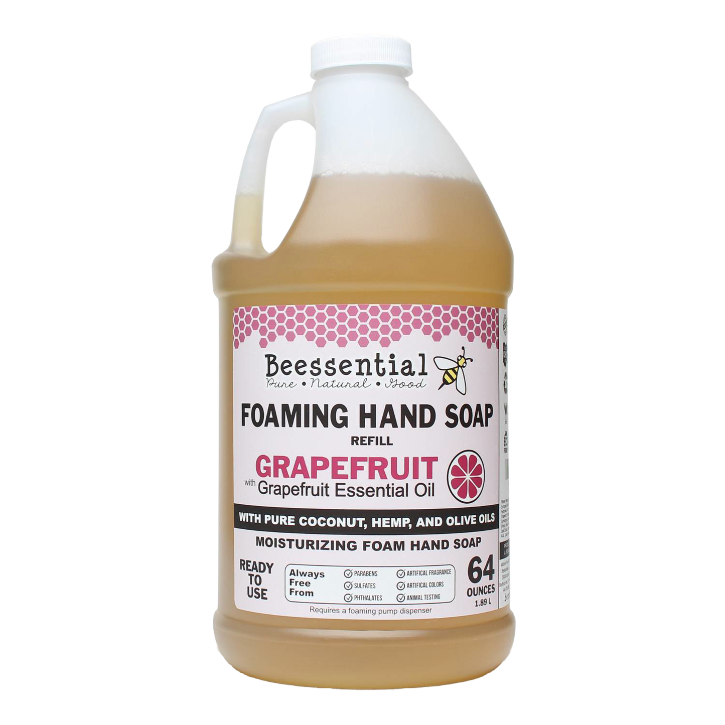 Handcrafted 64-ounce foaming hand soap refill scented with grapefruit essential oil, made in the USA with pure coconut, hemp, and olive oils, featured in Health & Wellness, Soaps, and Grooming collections.