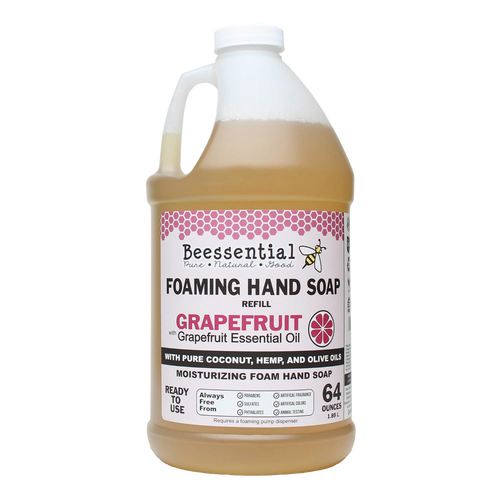 Handcrafted 64-ounce foaming hand soap refill scented with grapefruit essential oil, made in the USA with pure coconut, hemp, and olive oils, featured in Health & Wellness, Soaps, and Grooming collections.