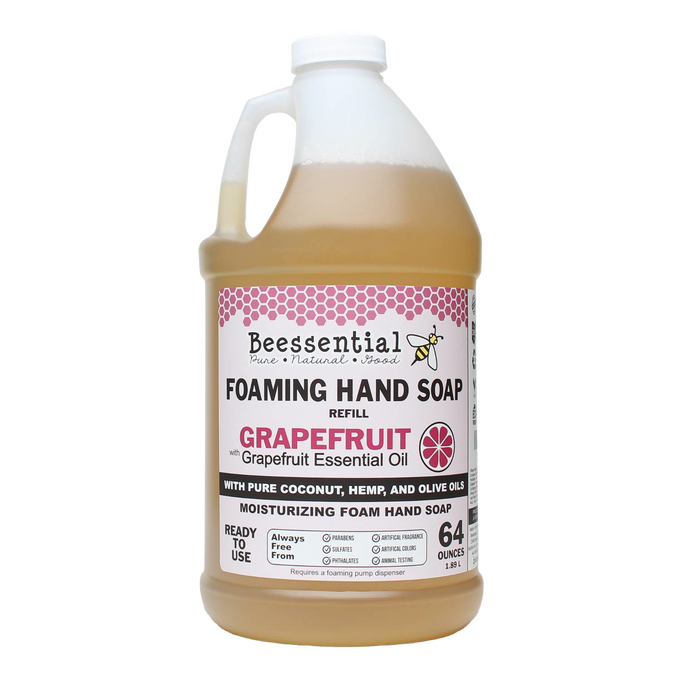 Handcrafted 64-ounce foaming hand soap refill scented with grapefruit essential oil, made in the USA with pure coconut, hemp, and olive oils, featured in Health & Wellness, Soaps, and Grooming collections.