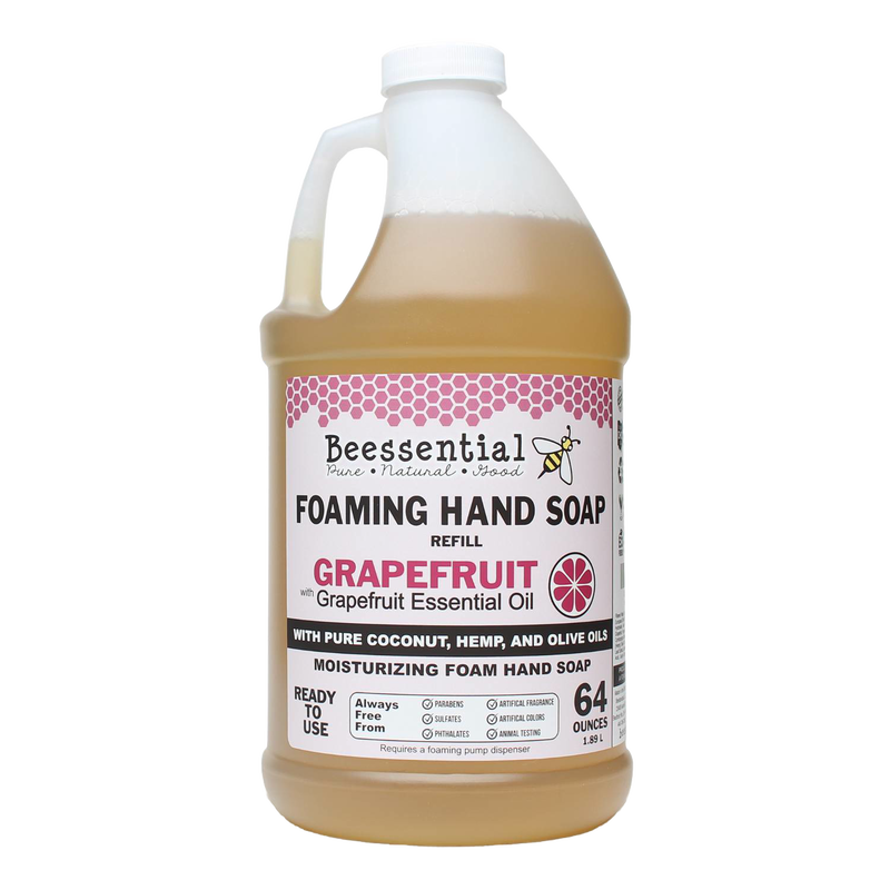 Handcrafted 64-ounce foaming hand soap refill scented with grapefruit essential oil, made in the USA with pure coconut, hemp, and olive oils, featured in Health & Wellness, Soaps, and Grooming collections.