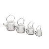 Set of four polished stainless steel teakettles with bent handles designed for easy hanging, suitable for Farm, Garden & Tool, Kitchen & Food, Camping, Brewing Coffee and Tea, and Best Sellers collections.