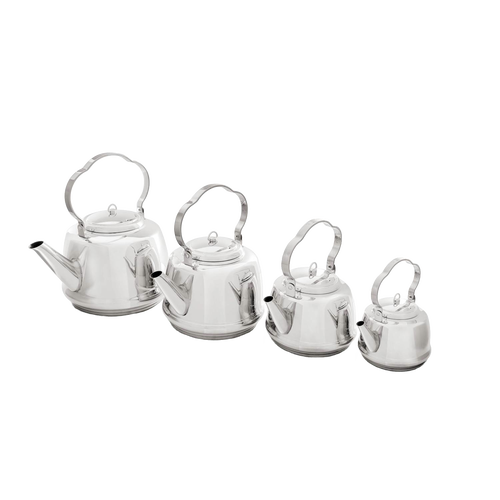 Set of four polished stainless steel teakettles with bent handles designed for easy hanging, suitable for Farm, Garden & Tool, Kitchen & Food, Camping, Brewing Coffee and Tea, and Best Sellers collections.