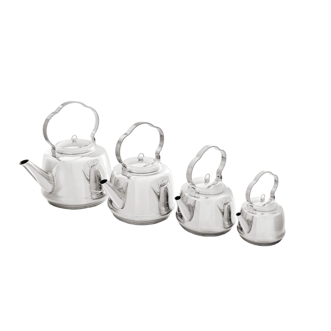 Set of four polished stainless steel teakettles with bent handles designed for easy hanging, suitable for Farm, Garden & Tool, Kitchen & Food, Camping, Brewing Coffee and Tea, and Best Sellers collections.