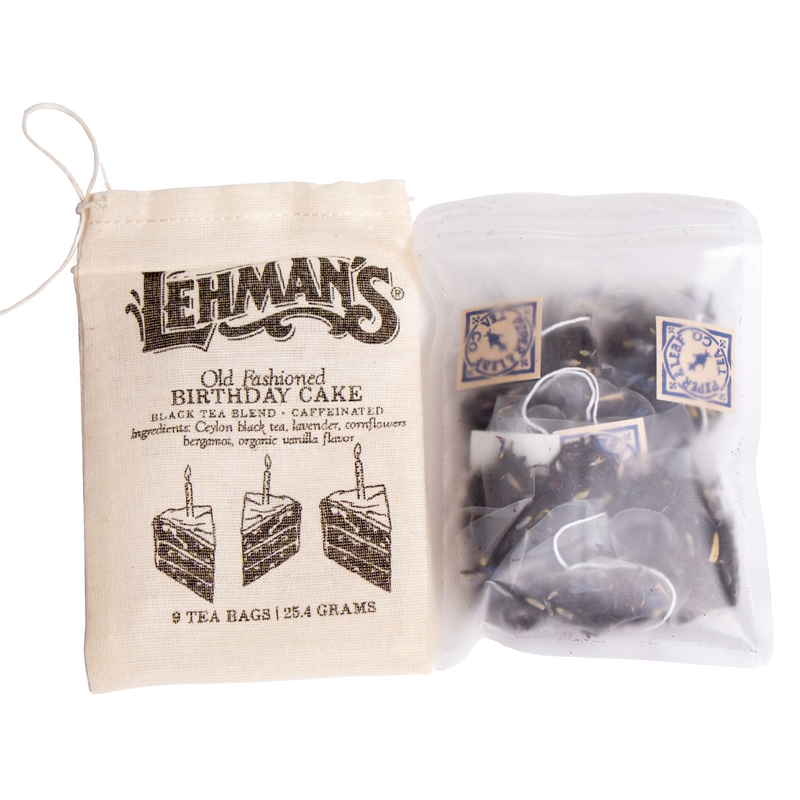 Natural cloth drawstring bag with vintage print holding nine handcrafted black tea blend bags featuring birthday cake flavor, made in USA, part of Kitchen & Food, Brewing Coffee and Tea, and Best Sellers collections.