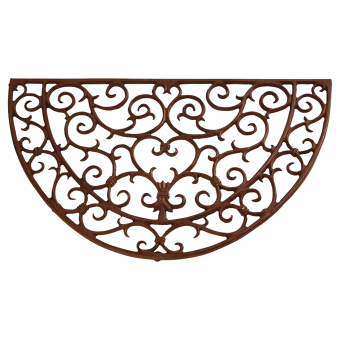 Handcrafted half-round cast iron doormat with an elegant Victorian scroll pattern, offering timeless charm and durability, ideal for Home & Decor, Best Sellers, and Promo Eligible collections.