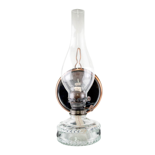 Handcrafted reflector oil lamp featuring a clear glass fuel base, removable mirror reflector with copper finish, and tall glass chimney, ideal for Lamps & Lighting, Oil Lamps, Wall Lamps, Best Sellers, Promo Eligible, and Sale collections.
