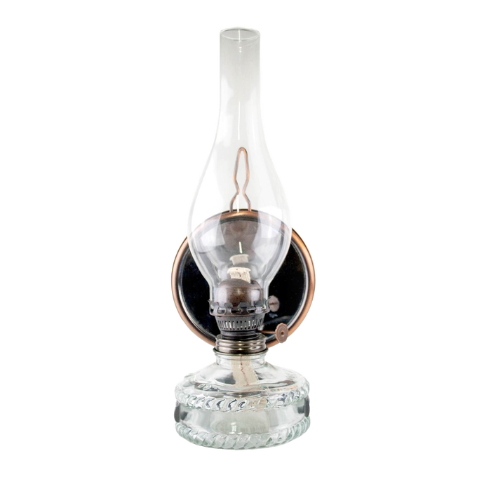 Handcrafted reflector oil lamp featuring a clear glass fuel base, removable mirror reflector with copper finish, and tall glass chimney, ideal for Lamps & Lighting, Oil Lamps, Wall Lamps, Best Sellers, Promo Eligible, and Sale collections.