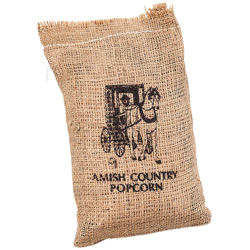 Handcrafted burlap bag filled with popcorn, featuring a silkscreened Amish Country design, ideal for Kitchen & Food, Snacks and Sweets, USA Made, and Best Sellers collections.