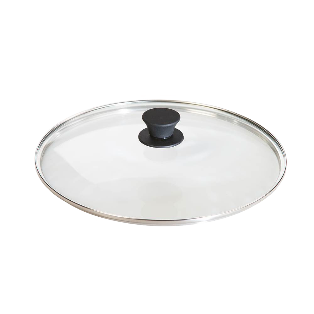 Round tempered glass lid with black knob handle and stainless steel rim, suitable for cookware in Kitchen & Food, Cookware, Cast Iron, Pots and Pans, and Best Sellers collections.