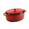Oval enameled cast iron Dutch oven with vibrant red finish and dark brown lid edge, featuring sturdy side handles and a metal knob, ideal for Kitchen & Food, Cookware, Cast Iron, and Best Sellers collections.