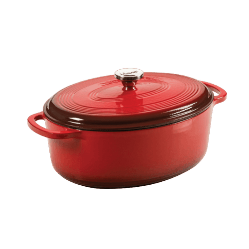 Oval enameled cast iron Dutch oven with vibrant red finish and dark brown lid edge, featuring sturdy side handles and a metal knob, ideal for Kitchen & Food, Cookware, Cast Iron, and Best Sellers collections.