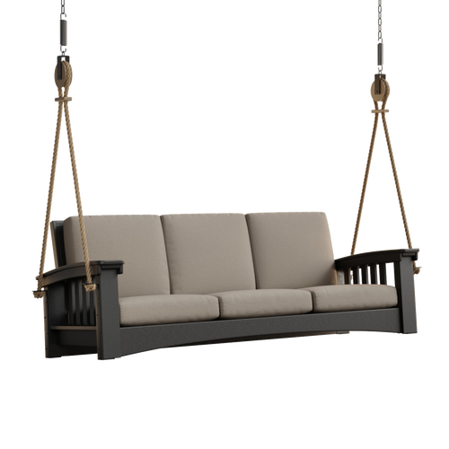 7 ft rope swing sofa with thick beige cushions suspended by sturdy ropes, handcrafted from durable cypress wood, ideal for outdoor relaxation in Home & Decor, Amish Made, USA Made collections.