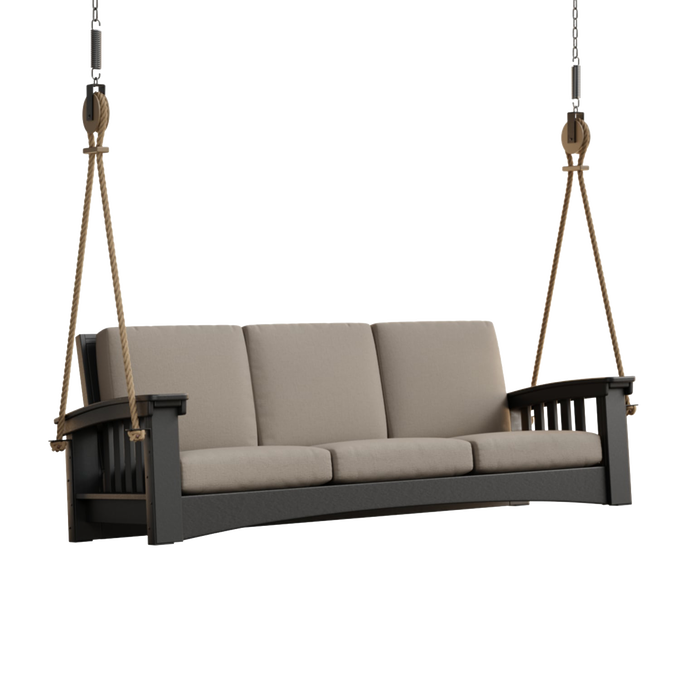7 ft rope swing sofa with thick beige cushions suspended by sturdy ropes, handcrafted from durable cypress wood, ideal for outdoor relaxation in Home & Decor, Amish Made, USA Made collections.