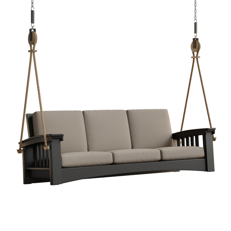 7 ft rope swing sofa with thick beige cushions suspended by sturdy ropes, handcrafted from durable cypress wood, ideal for outdoor relaxation in Home & Decor, Amish Made, USA Made collections.