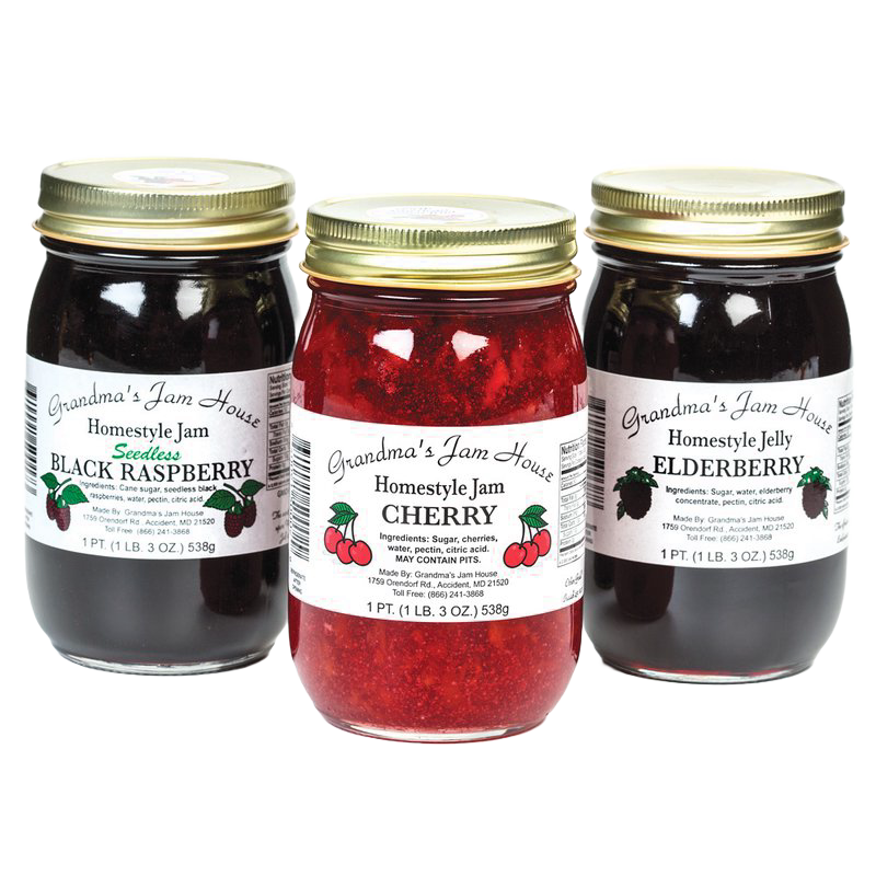 Three handcrafted jars of homestyle jam and jelly in black raspberry, cherry, and elderberry flavors with gold lids and white labels, made in USA, featured in Kitchen & Food, Pantry, Peanut Butter & Jellies, Best Sellers, and Promo Eligible collections.