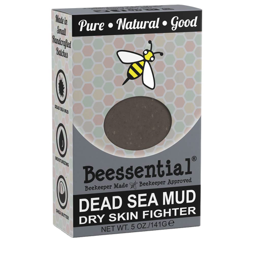 Packaging of a handcrafted dark Dead Sea mud soap bar with moisturizing shea butter and natural ingredients, made in small batches in the USA, featured in Health & Wellness and Soaps collections.