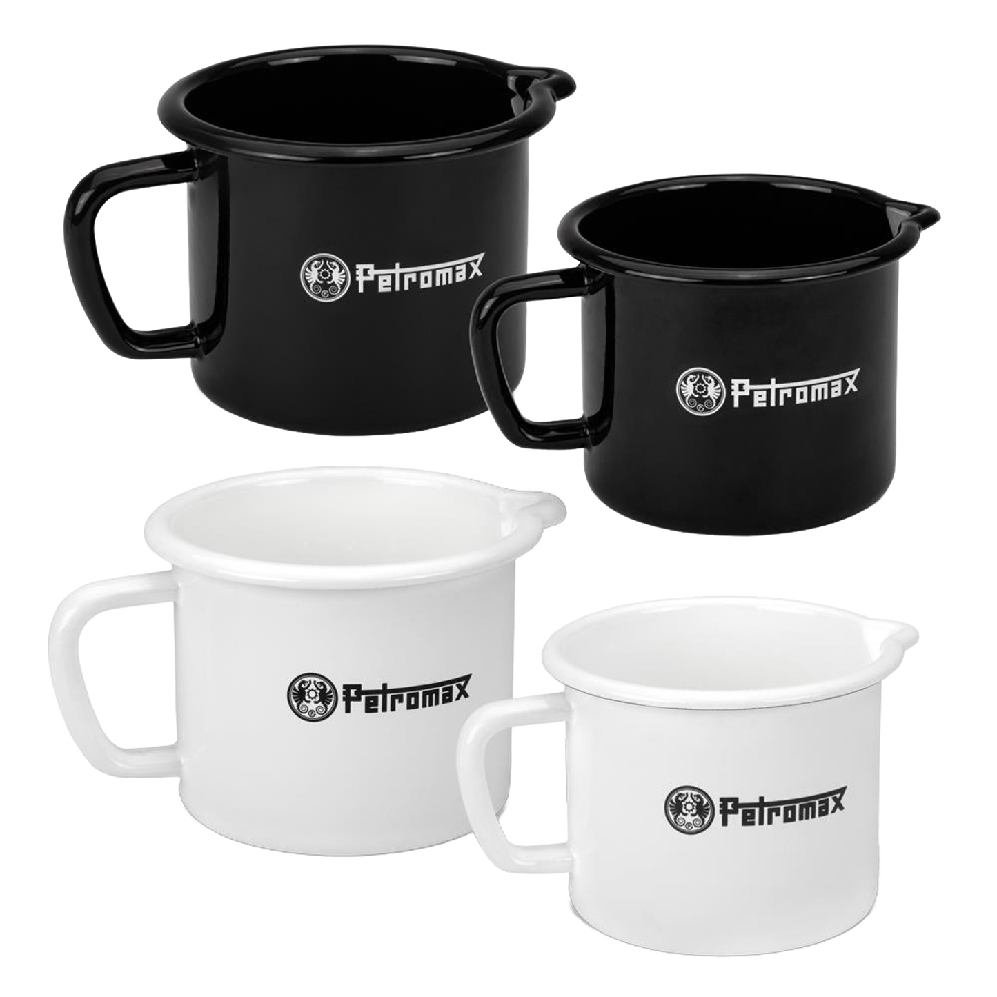 Set of black and white enamel steel milk pots with handles and precision pour spouts, handcrafted for durable use in Farm, Garden & Tool, Kitchen & Food, Camping, Cookware, Pots and Pans, Best Sellers, and Promo Eligible collections.