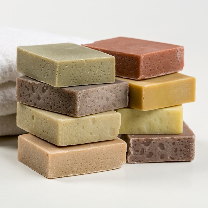 Stacked handmade soap bars in soft natural hues with textured surfaces, crafted in USA for gentle use on face, body, and hair, featured in Health & Wellness, Soaps, and Best Sellers collections.