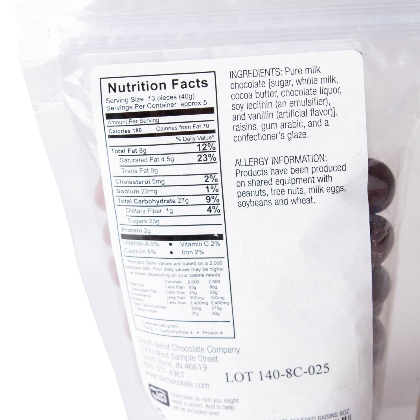 Back of resealable bag showing nutrition facts and ingredients for chocolate covered raisins, made in USA, featured in Kitchen & Food, Snacks and Sweets, Candy, USA Made, and Best Sellers collections.