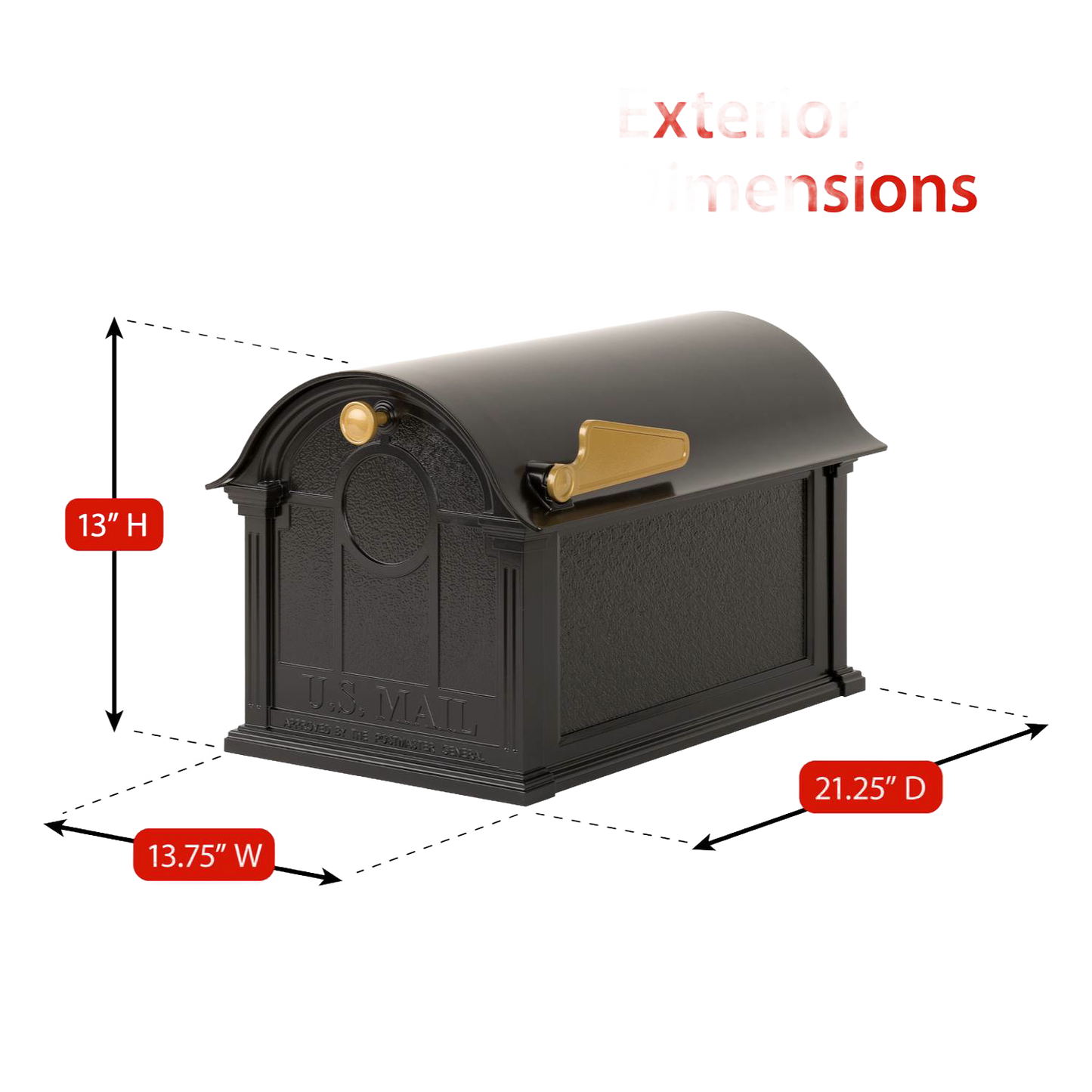 Handcrafted black mailbox with gold flag and handle, featuring classic Balmoral design, made in USA, perfect for Home & Decor, Mailboxes and Address Signs, and Best Sellers collections.