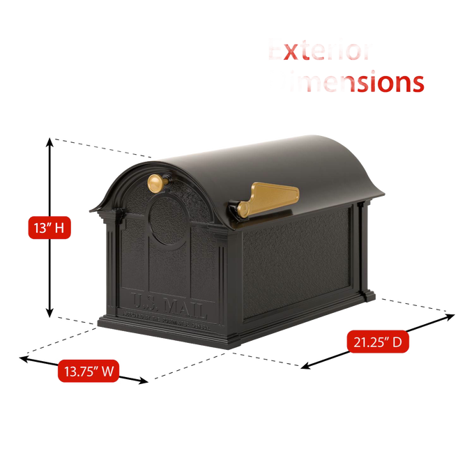 Handcrafted black mailbox with gold flag and handle, featuring classic Balmoral design, made in USA, perfect for Home & Decor, Mailboxes and Address Signs, and Best Sellers collections.
