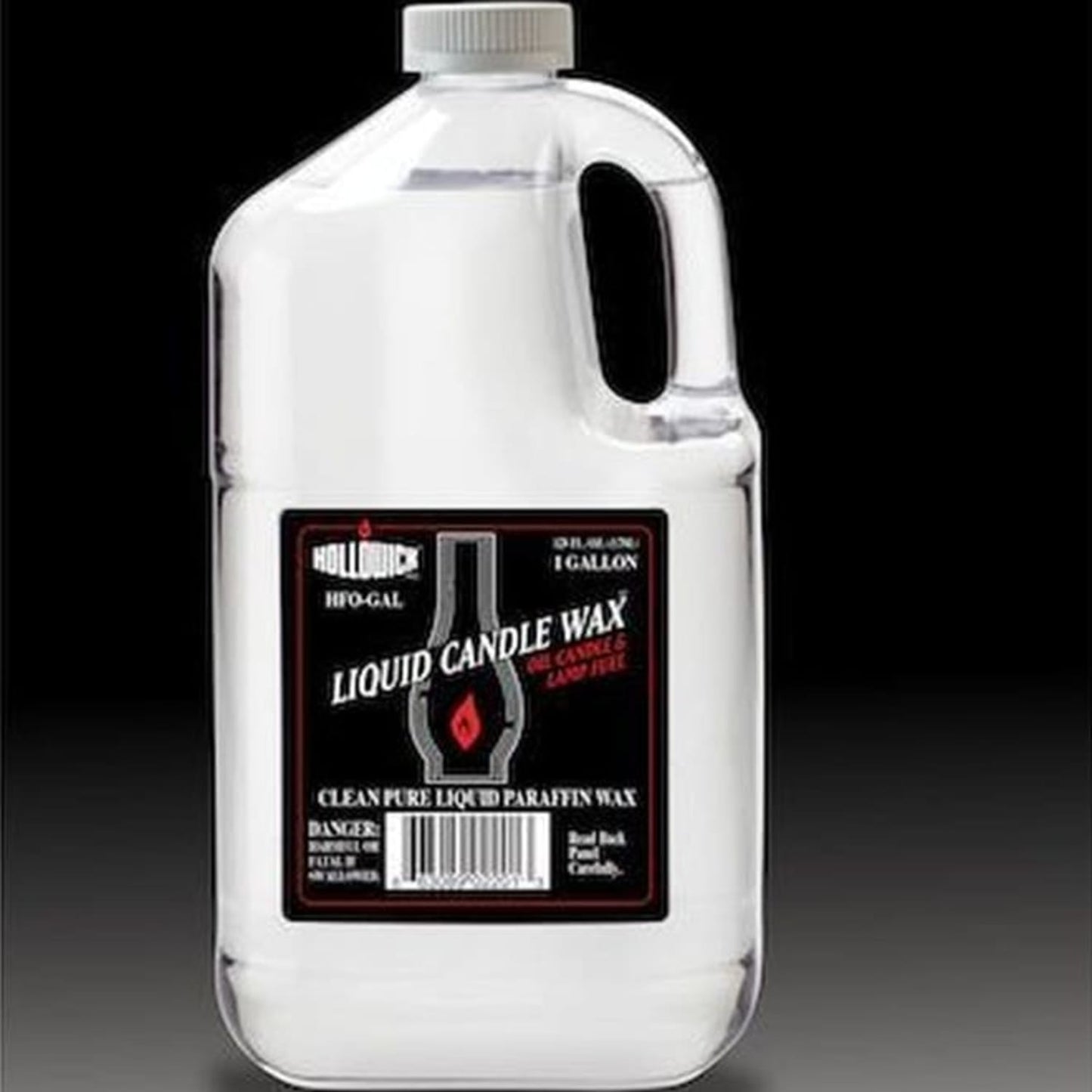 Clear one-gallon plastic jug of liquid paraffin candle wax with a black label featuring red flame icon, suitable for use in Lamps & Lighting, Parts and Accessories, Lamp and Lantern Fuel collections.
