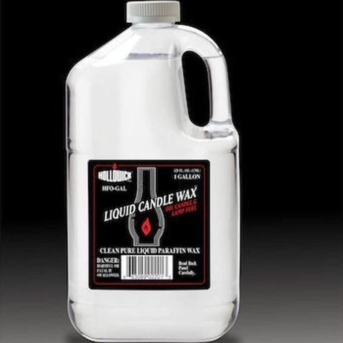 Clear one-gallon plastic jug of liquid paraffin candle wax with a black label featuring red flame icon, suitable for use in Lamps & Lighting, Parts and Accessories, Lamp and Lantern Fuel collections.