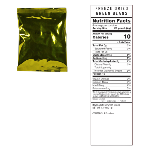 Sealed metallic gold foil pouch containing freeze-dried green beans with visible nutrition facts label, suitable for emergency supplies, pantry, and kitchen collections.