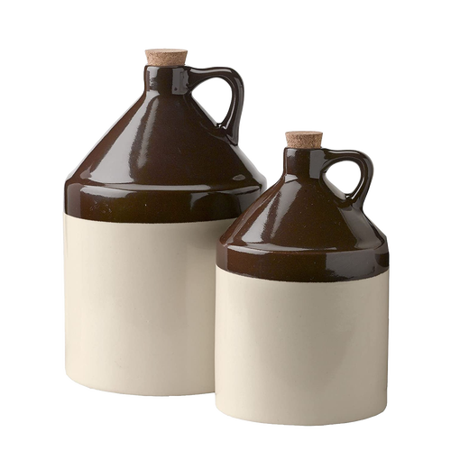 Handcrafted stoneware jug set in two sizes featuring a brown glazed top with cork stoppers and cream-colored base, made in USA, ideal for Kitchen & Food, Storage and Serving, Best Sellers, and Promo Eligible collections.