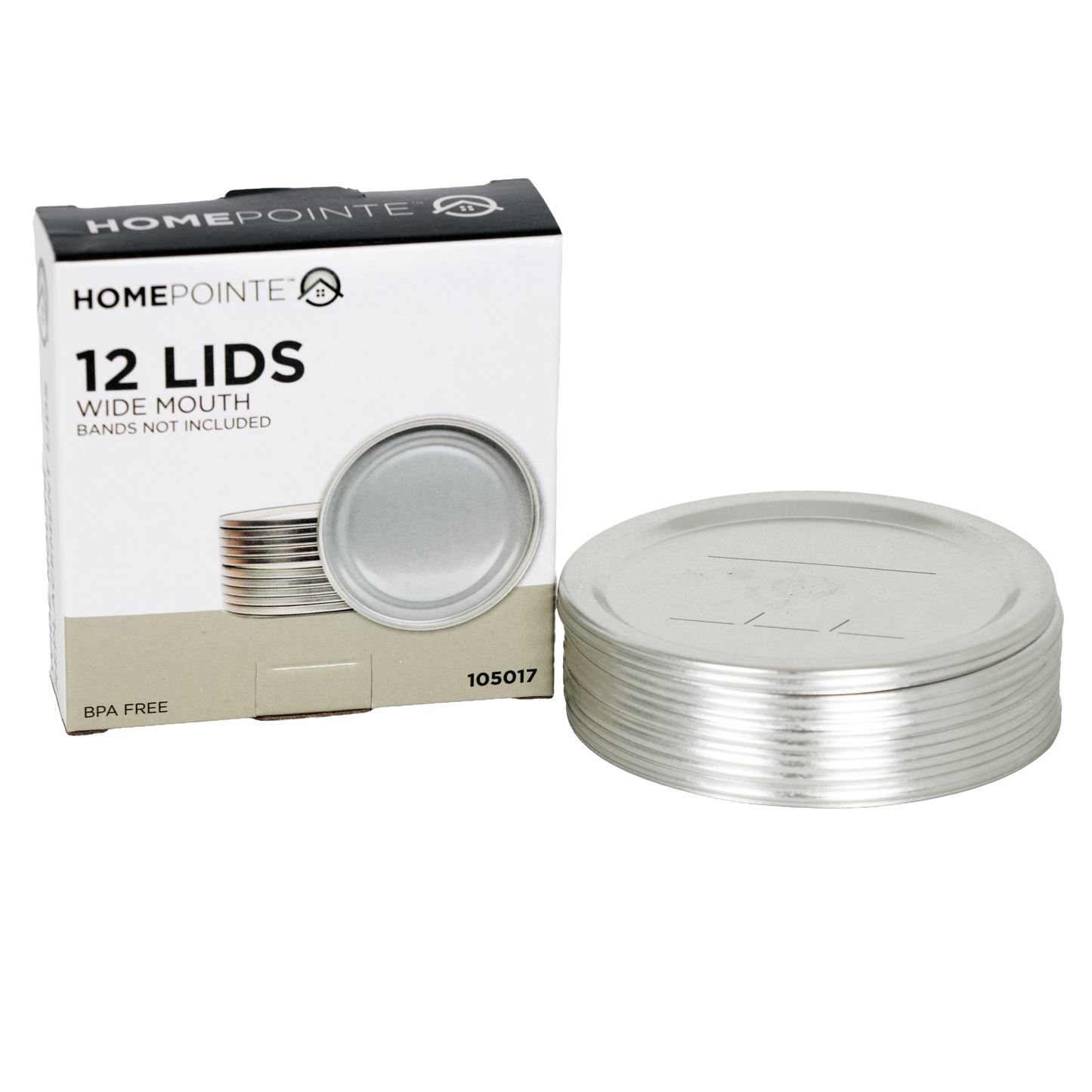 Stack of twelve wide-mouth metal canning lids with BPA-free sealing compound, shown next to their packaging box, ideal for Kitchen & Food, Food Preservation, Canning, and Best Sellers collections.