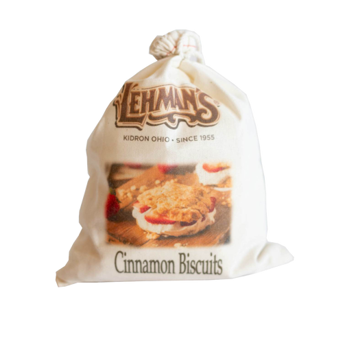 Handcrafted natural cotton bag of Lehman's cinnamon biscuit mix featuring vintage-style logo and image of cinnamon biscuits, ideal for Kitchen & Food, Pantry, Dry Goods, and Best Sellers collections.