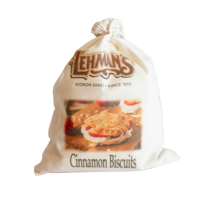 Handcrafted natural cotton bag of Lehman's cinnamon biscuit mix featuring vintage-style logo and image of cinnamon biscuits, ideal for Kitchen & Food, Pantry, Dry Goods, and Best Sellers collections.