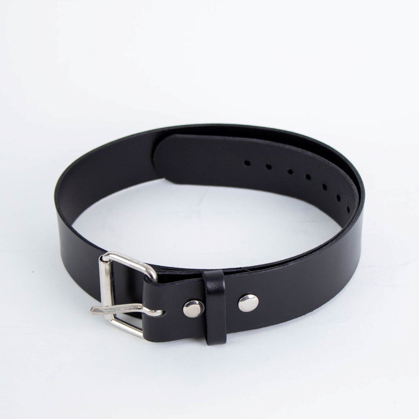 Handcrafted black genuine cowhide leather belt, 2 inches wide with chrome buckle and snaps, made in the USA, part of Health & Wellness, Clothing and Accessories, Amish Made, USA Made, Best Sellers, and Promo Eligible collections.