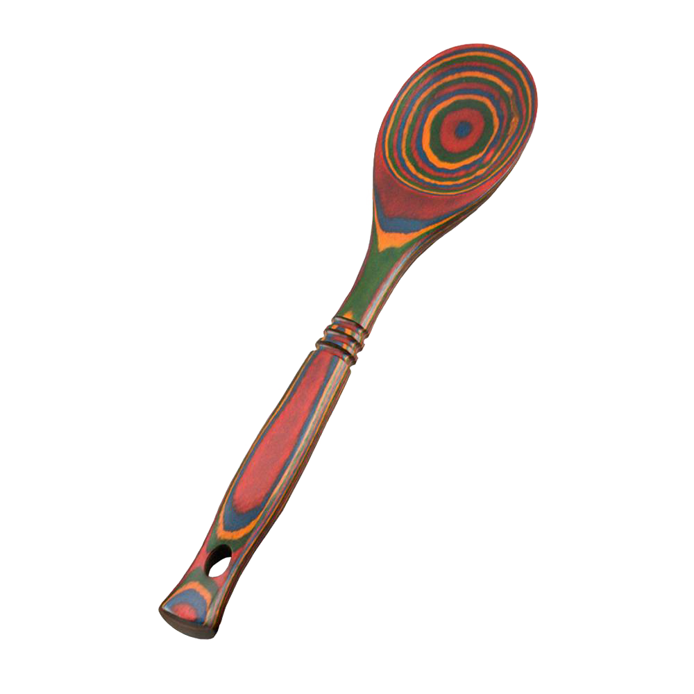Unique handcrafted pakkawood spoon with vibrant, enduring concentric color patterns in warm reds, greens, and blues, sturdy and heat resistant, ideal for Kitchen & Food and Cooking and Baking Helpers collections.