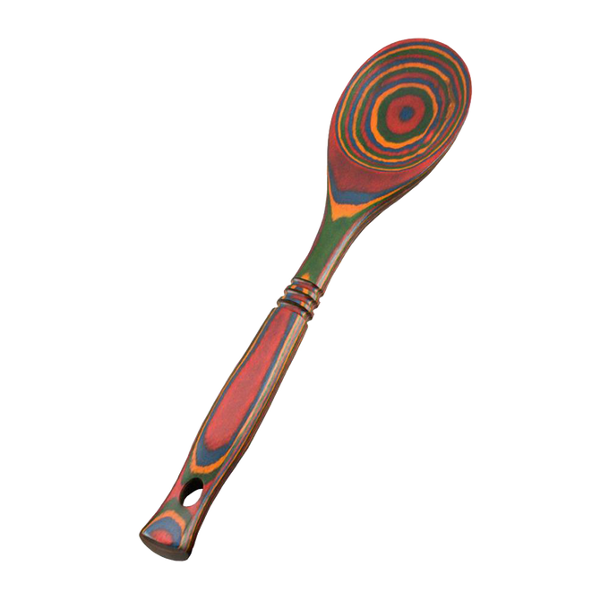 Unique handcrafted pakkawood spoon with vibrant, enduring concentric color patterns in warm reds, greens, and blues, sturdy and heat resistant, ideal for Kitchen & Food and Cooking and Baking Helpers collections.