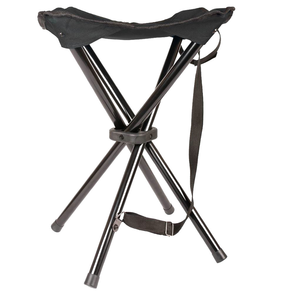 Portable three-legged folding stool with durable black fabric seat and metal legs, featuring a carrying strap, suitable for camping, backyard, and outdoor use in Farm, Garden & Tool, Camping, Best Sellers, Promo Eligible, and Sale collections.