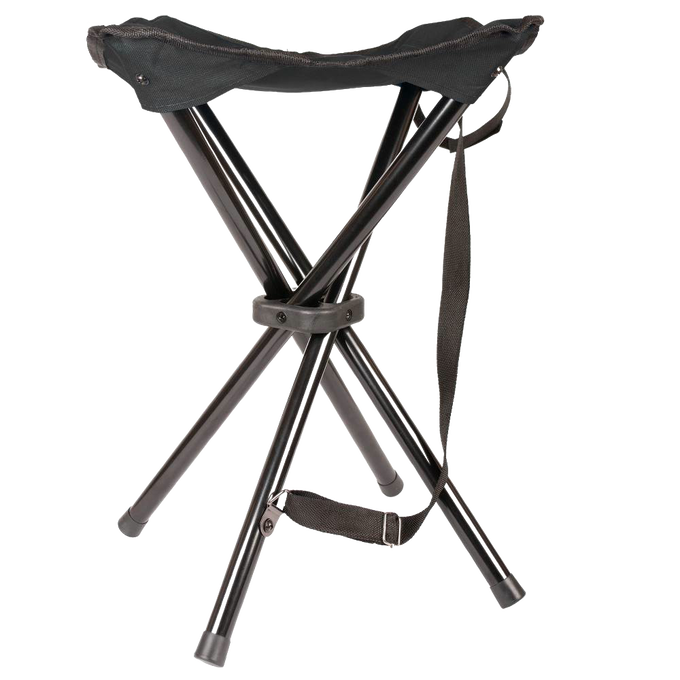 Portable three-legged folding stool with durable black fabric seat and metal legs, featuring a carrying strap, suitable for camping, backyard, and outdoor use in Farm, Garden & Tool, Camping, Best Sellers, Promo Eligible, and Sale collections.