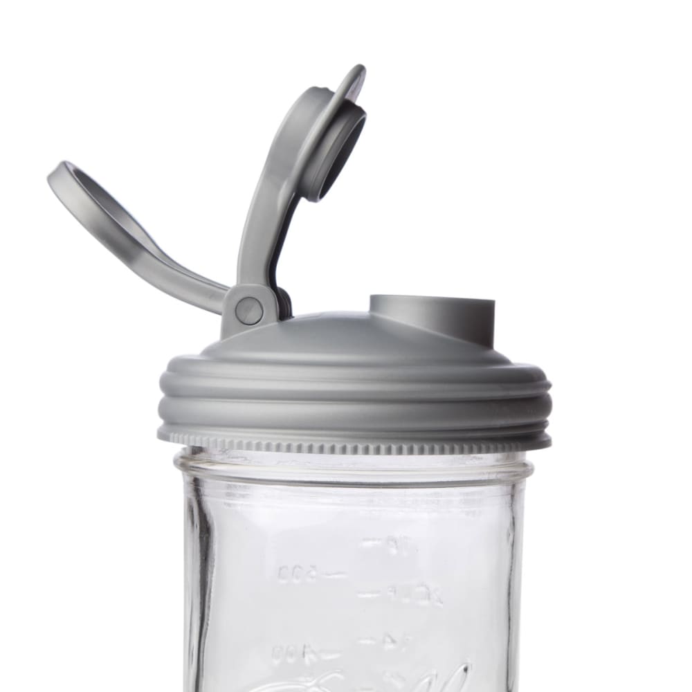 Wide-mouth gray pour lid with flip-top spout and flexible carry loop on a clear glass jar, handcrafted in USA, ideal for Kitchen & Food, Dinnerware, Kitchen Gadgets, and Best Sellers collections.
