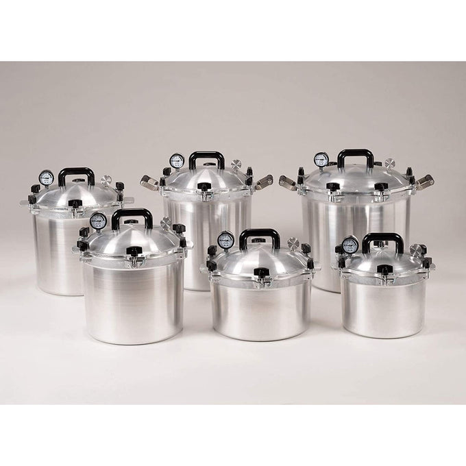 Group of sturdy aluminum pressure canners with secure locking lids, pressure gauges, and black handles, handcrafted in USA, ideal for Kitchen & Food, Food Preservation, Canning, and Best Sellers collections.